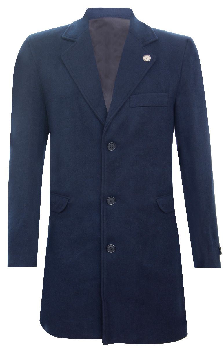 Men's Long Navy Wool Slim Fit Overcoat