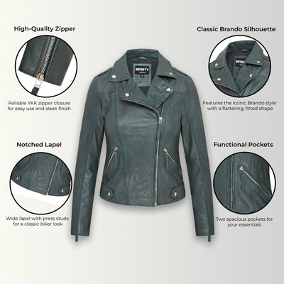 Giacca da motociclista in pelle verde da donna - Denver