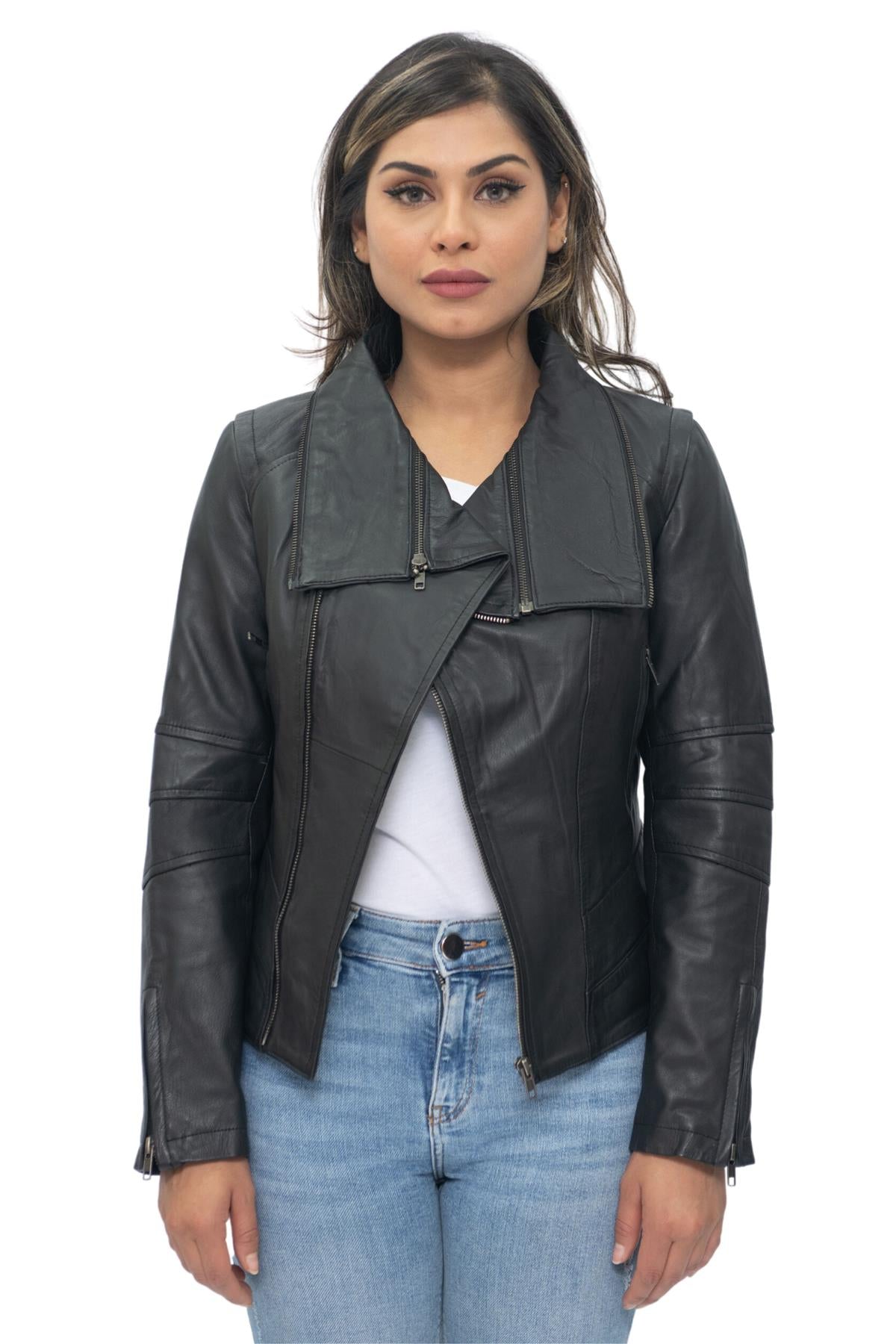 Womens Detachable Collar Leather Biker Jacket-Rosario