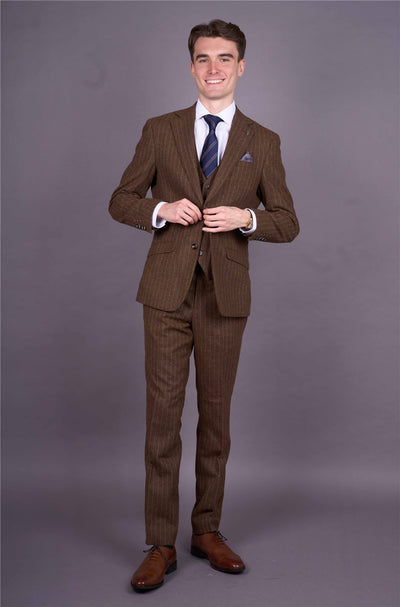 Men's Brown Pinstripe 3 Piece Slim Fit Formal Dinner Suit
