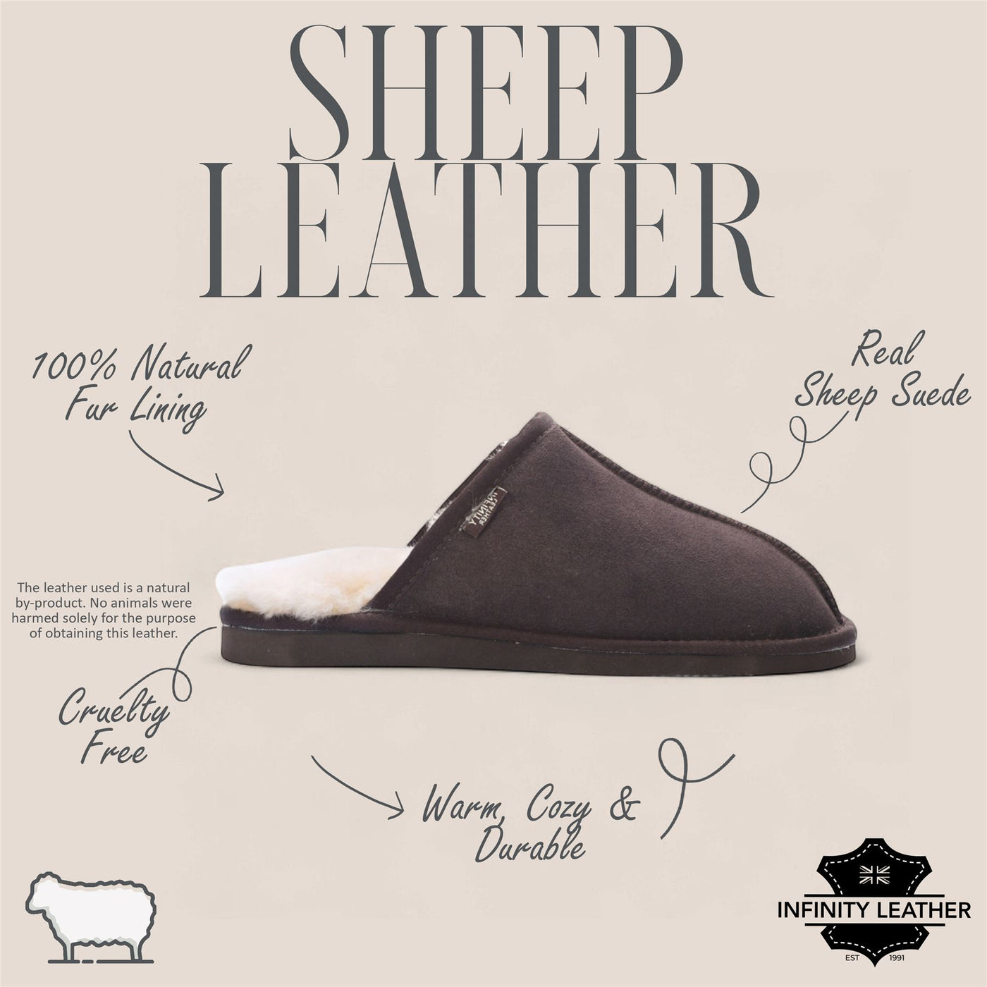 Men's Genuine Sheepskin Brown Suede Mule Winter Warm Non-Slip - Highland