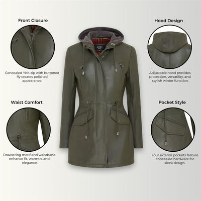 Giacca parka con cappuccio in pelle da donna - Bucarest