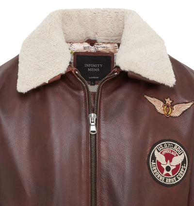 Mens Brown Cowhide Leather Aviator Bomber Jacket - Akhiok