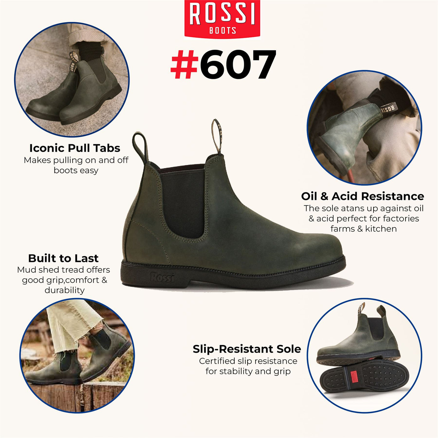 Rossi 607 Booma Moss Olive Green Leather Chelsea Boots