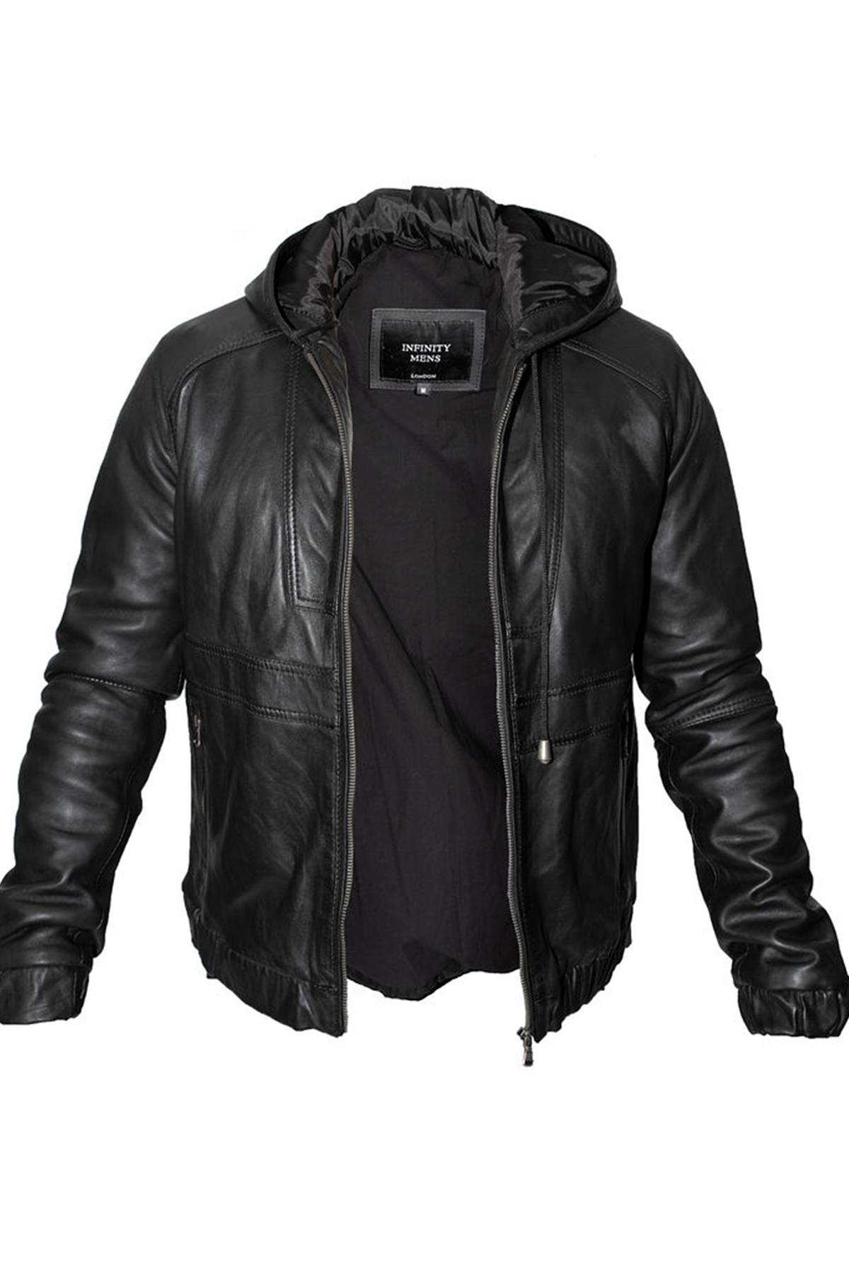 Men’s Casual Leather Hooded Bomber Jacket-Odesa