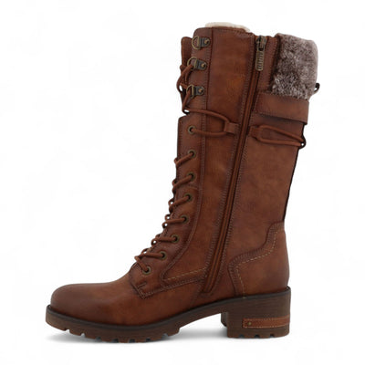 Mustang Women's Brown Mid-Calf Faux Fur Winter Combat Boots