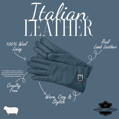 Womens Italian Leather Winter Buckle Soft Wool Lining Gloves - L-GLV-601