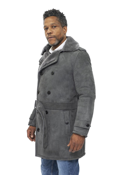 Mens Shearling Sheepskin Suede Pea Coat-Kempston