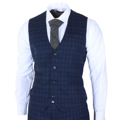 Men's Navy Blue Plaid Check 3 Piece Suit Slim Fit Formal Suit