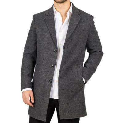 Men's Notched Lapel Collar Wool Blend Grey Overcoat