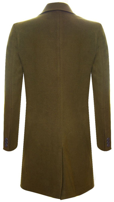 Men's Long Olive Wool Slim Fit Overcoat