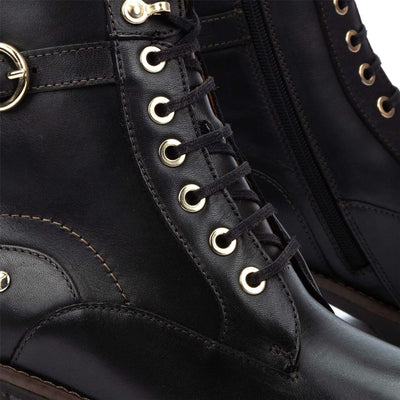 Pikolinos Women’s Black Leather Mid-Heel Combat Ankle Boots - Llanes