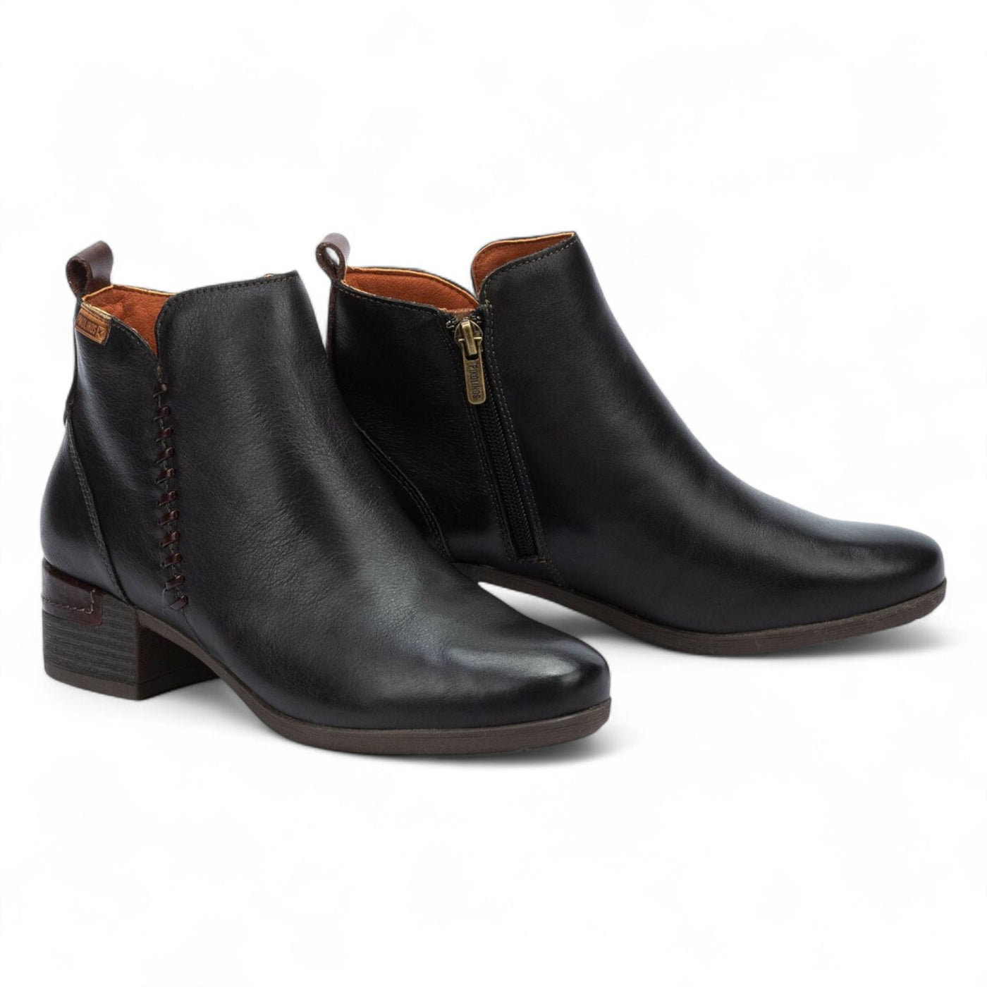 Women's Pikolinos Malaga Black Leather Ankle Bootie Zip Mid-Heel Everyday Boots