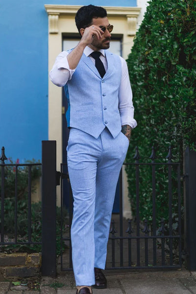 Men's Summer 2 Piece Suit Linen Formal Blue Waistcoat Trousers