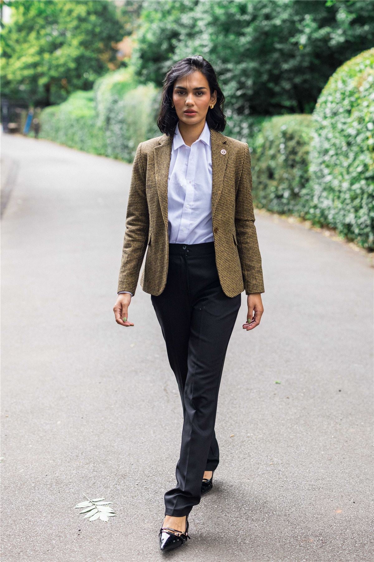 Women's Tailored Brown Dogtooth Wool Blend Tweed Blazer