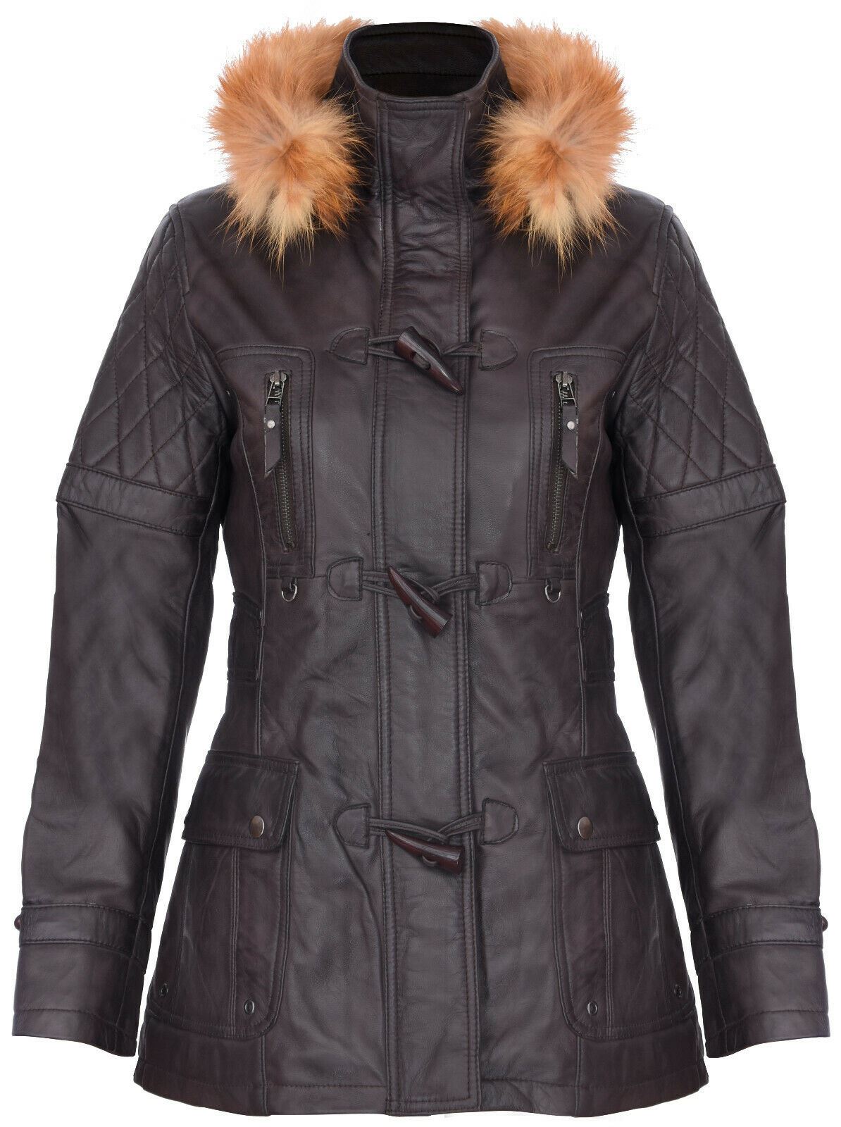 Womens Quilted Leather Parka Jacket-Brussels