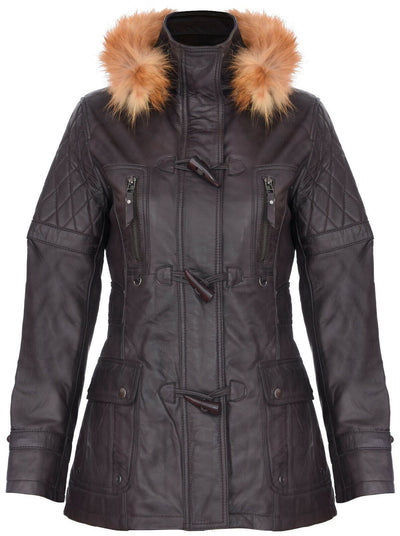 Womens Quilted Leather Parka Jacket-Brussels