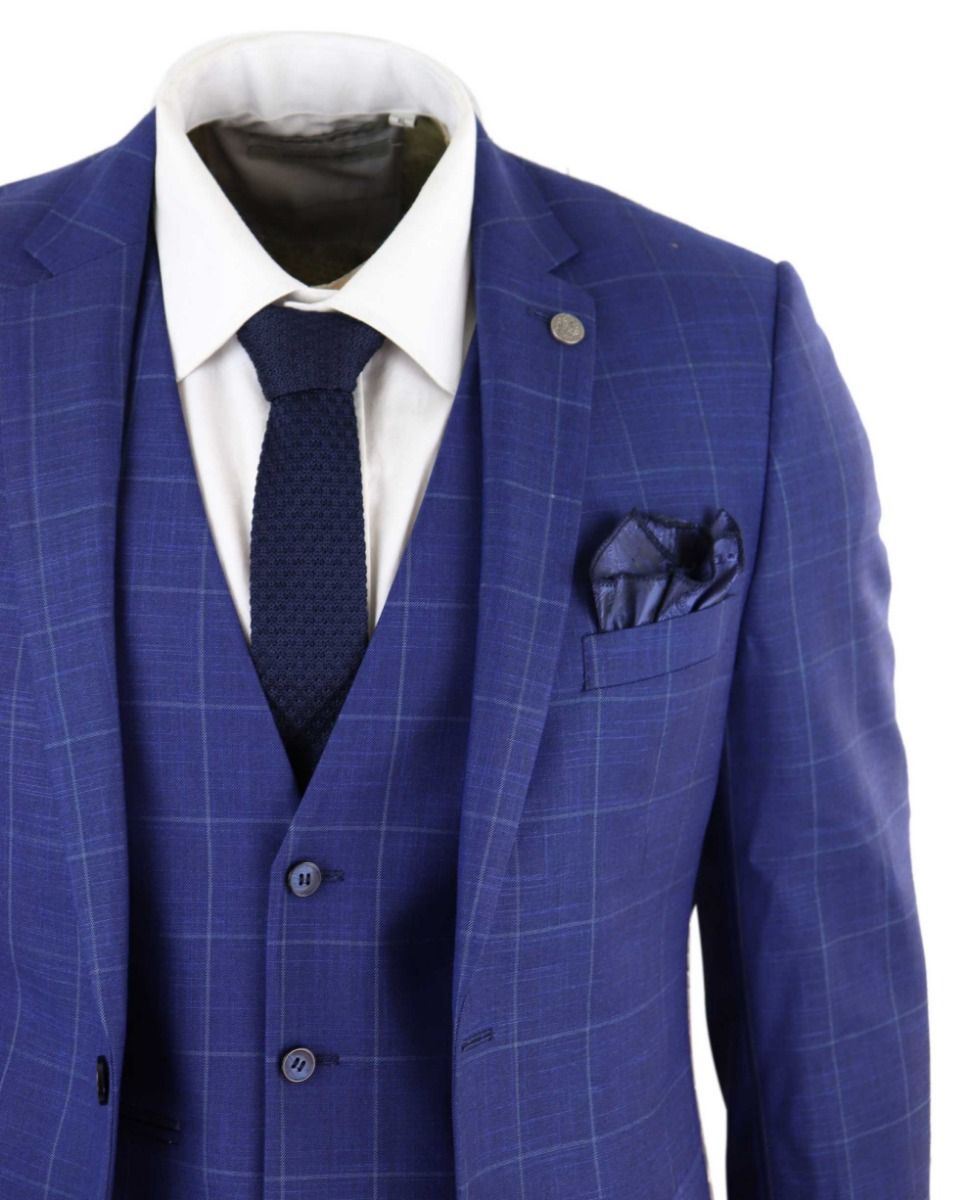 Mens 3 Piece Royal Blue Check Vintage Retro Suit