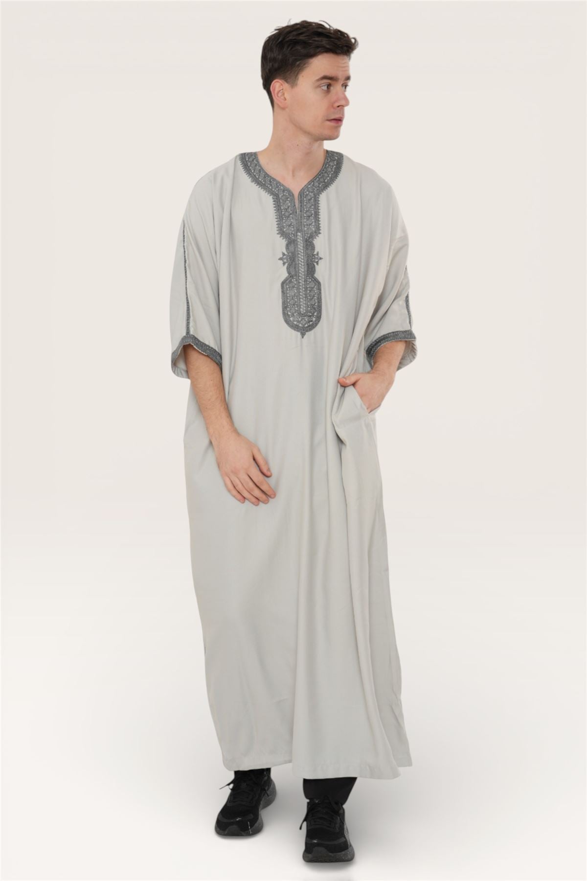 Men's Moroccan Thobe Robe Djellaba Arab Short Sleeve Embroidery Gandou ...