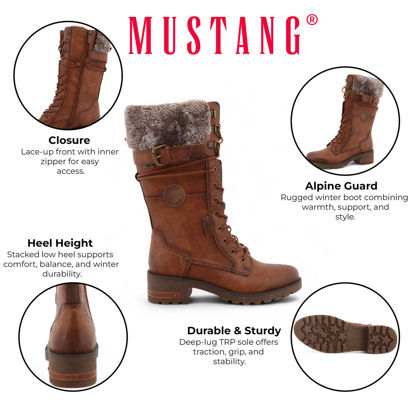 Mustang Women's Brown Mid-Calf Faux Fur Winter Combat Boots