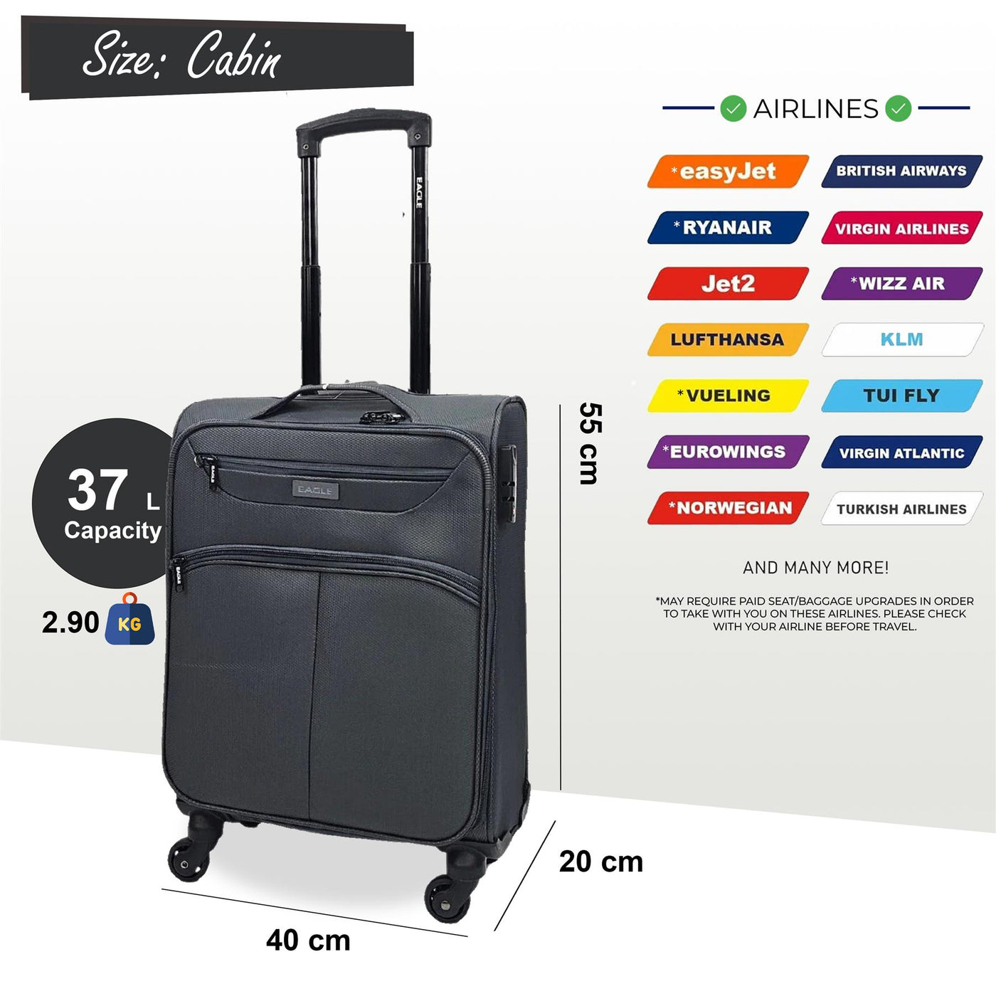 Lightweight Soft Cabin 4 Wheel Luggage Travel TSA Bag