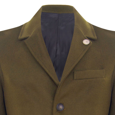 Men's Long Olive Wool Slim Fit Overcoat