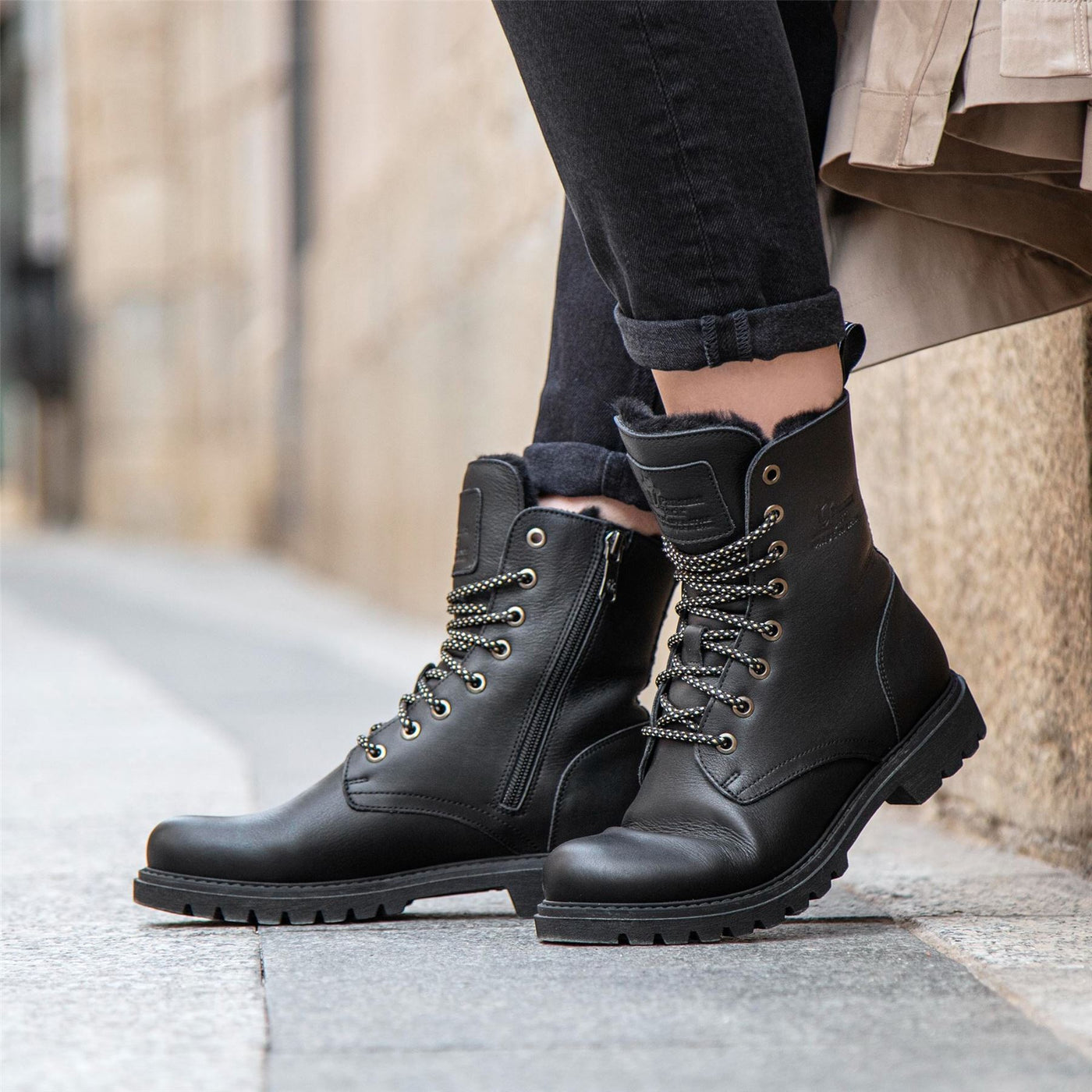 Panama Jack Women's Frisia B1 Black Waterproof Leather Combat Boots