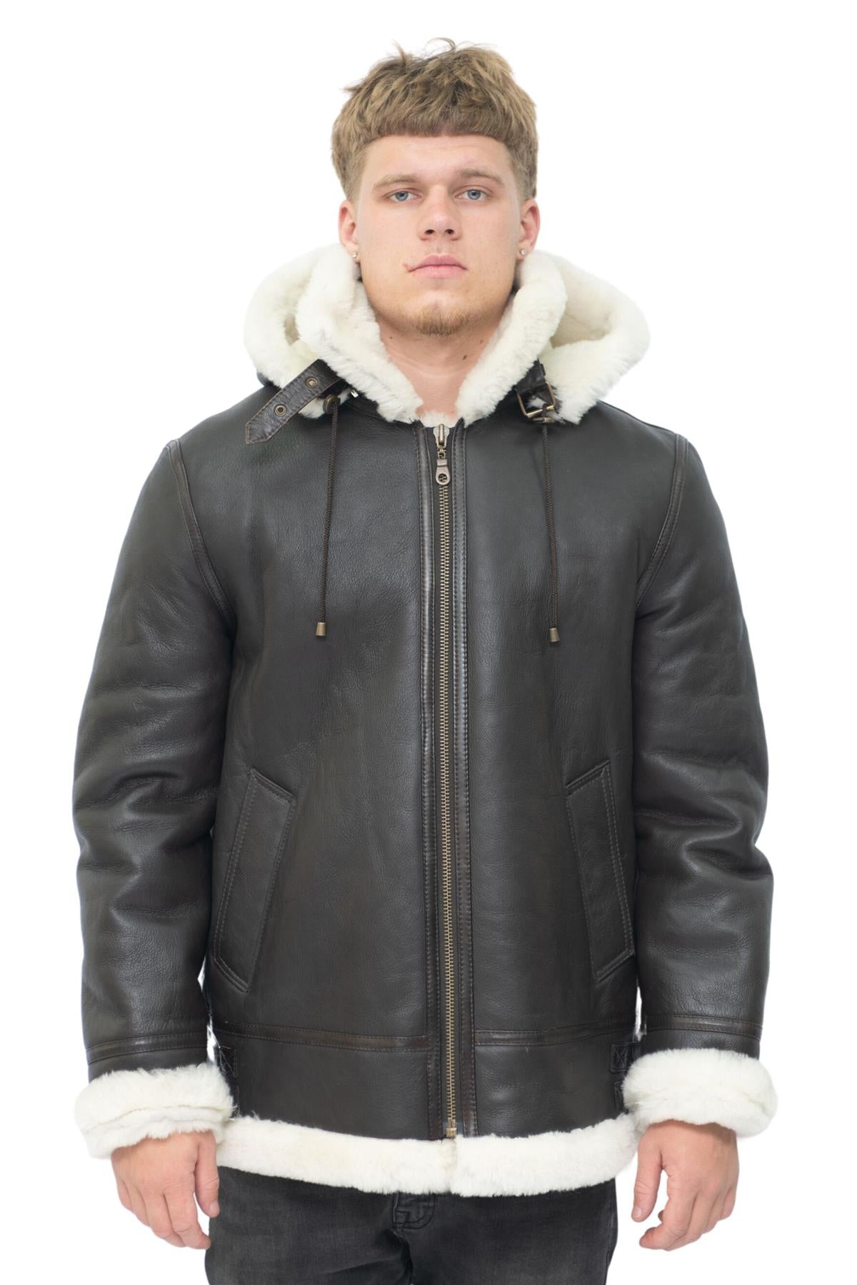 Mens Hooded Sheepskin Leather B3 Flying Jacket-Harwich