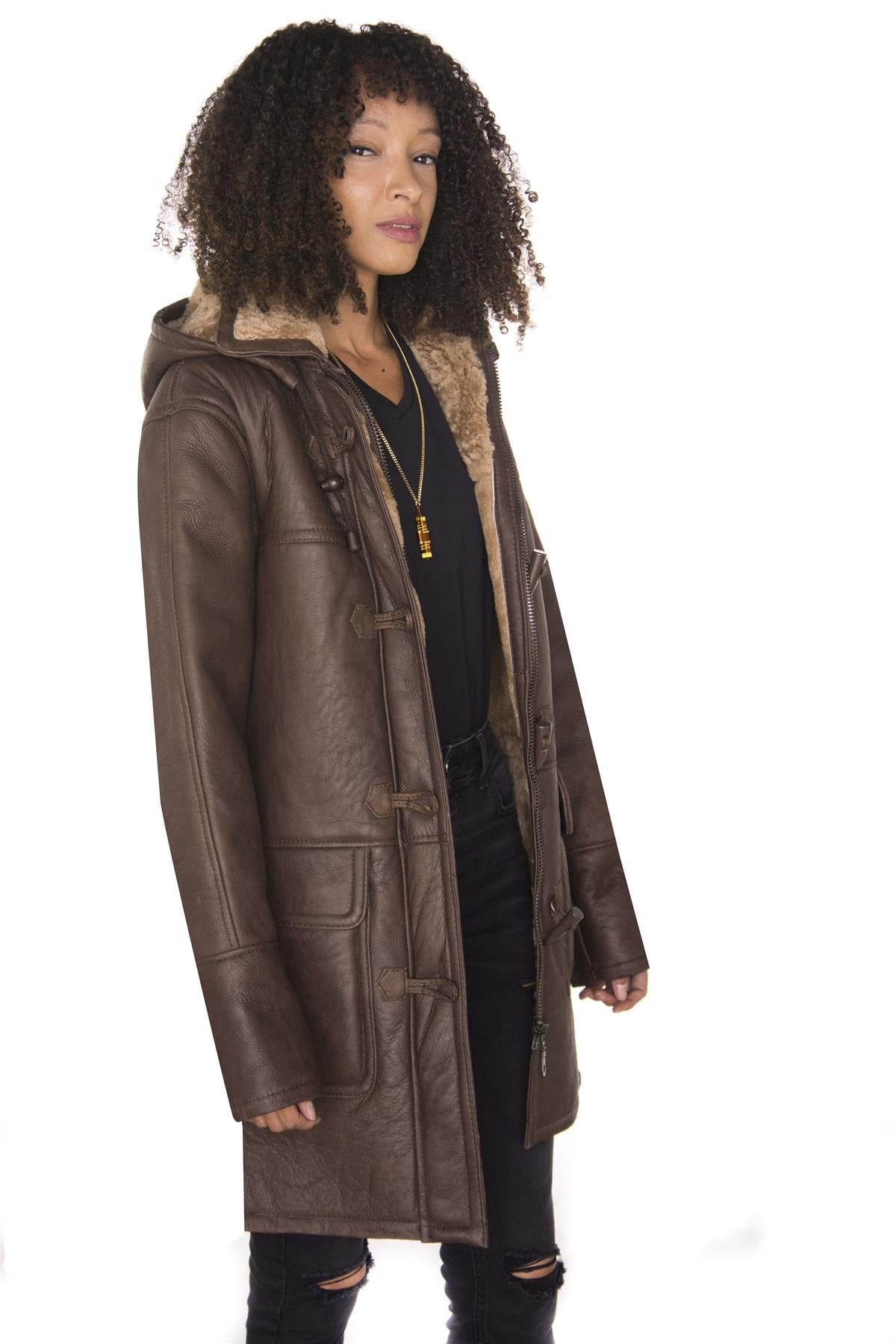 Womens Brown Hooded Sheepskin Leather Duffle Coat-Rugby