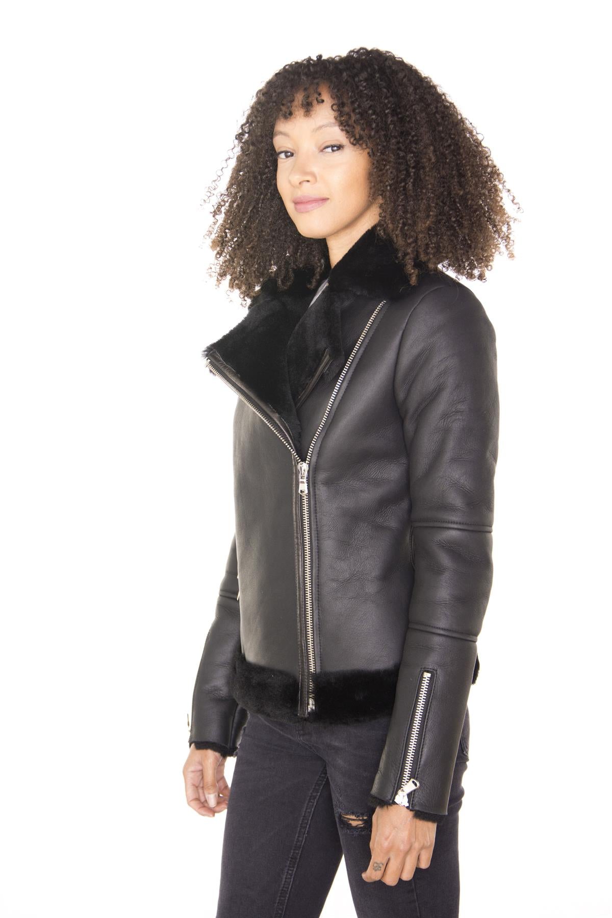 Womens Black Shearling Sheepskin Aviator Jacket-Patchway