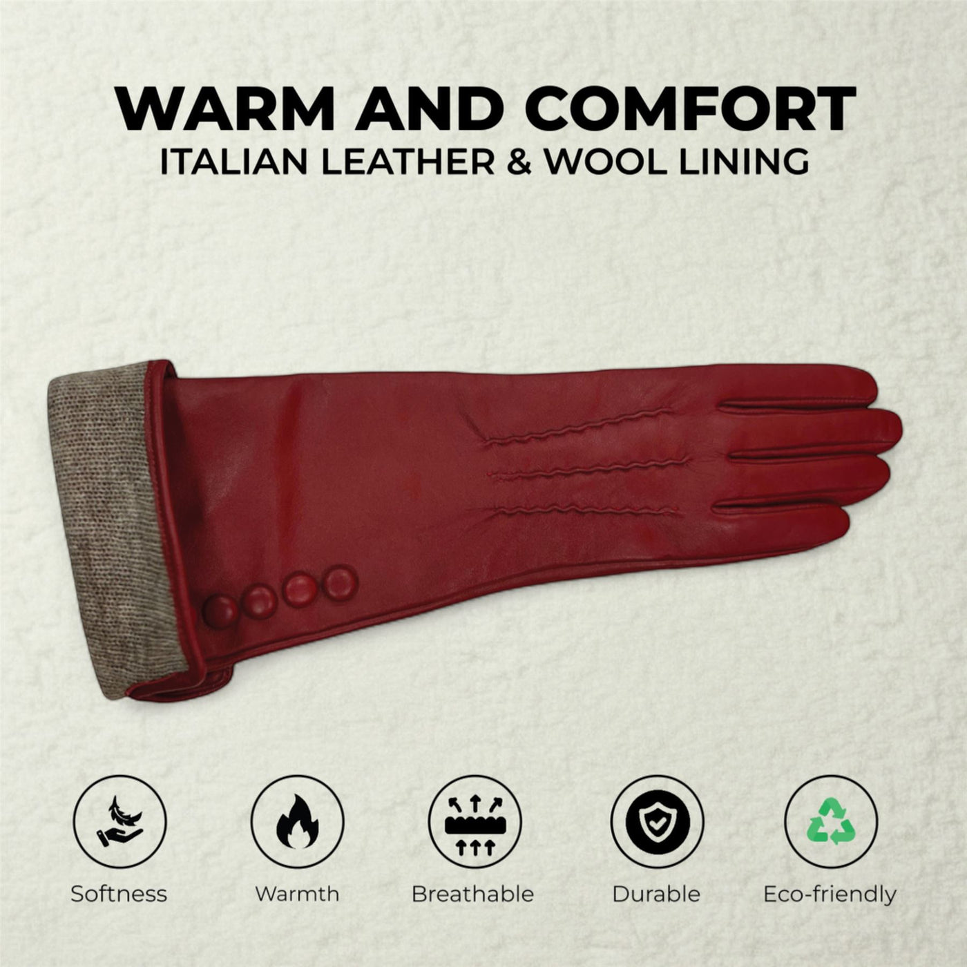 Womens Long Italian Leather Winter Button Design Soft Wool Lining Gloves - L-GLV-201
