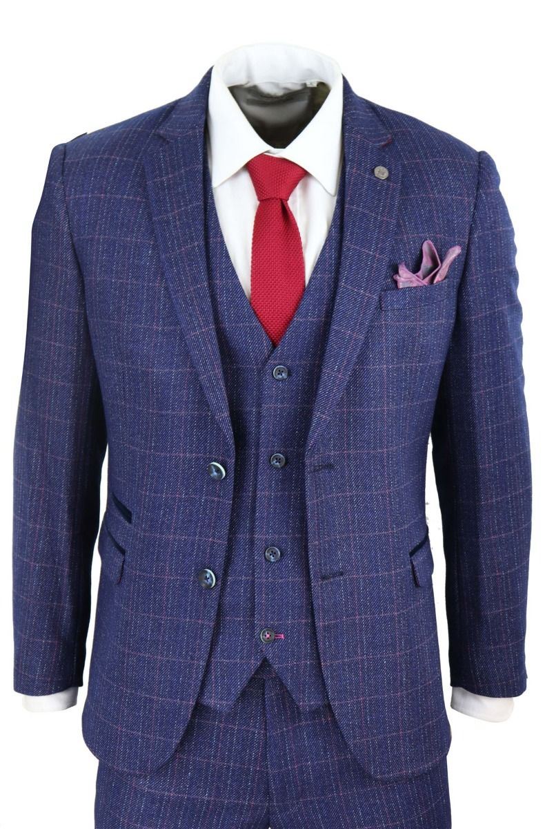 Mens 3 Piece Blue Herringbone Check Vintage Classic Suit