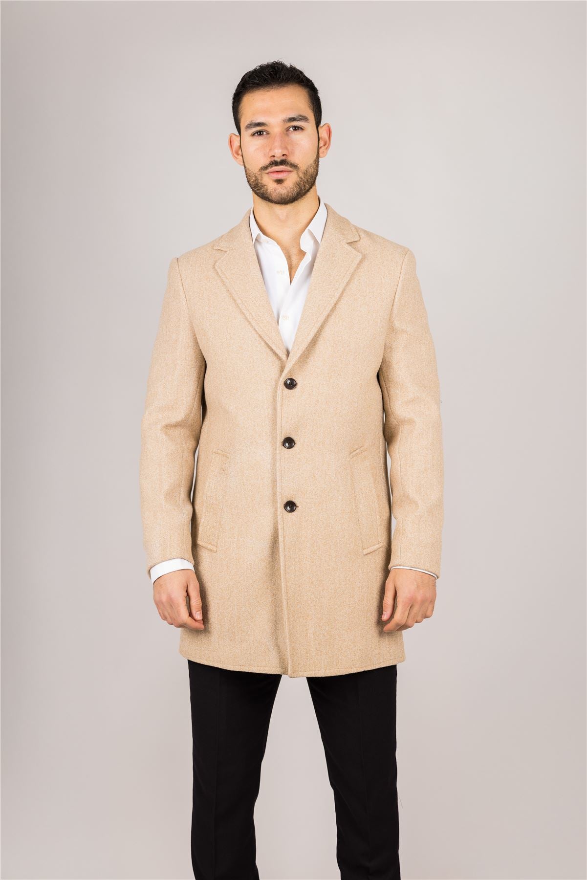 Men's Notched Lapel Collar Wool Blend Beige Overcoat