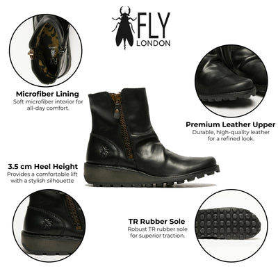 Fly London Womens Black MON944 Leather Wedge Heel Ankle Zip Up Chelsea Boots