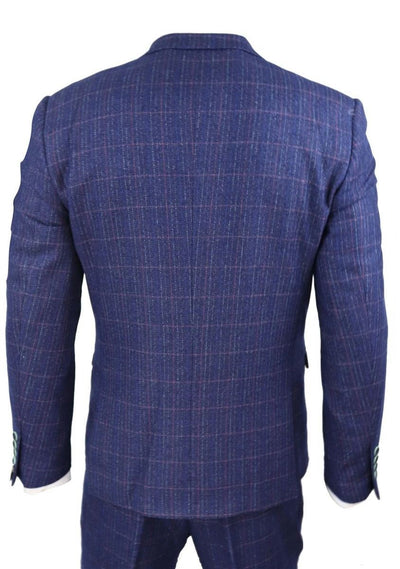 Mens 3 Piece Blue Herringbone Check Vintage Classic Suit