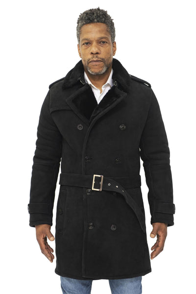 Mens Shearling Sheepskin Suede Pea Coat-Kempston