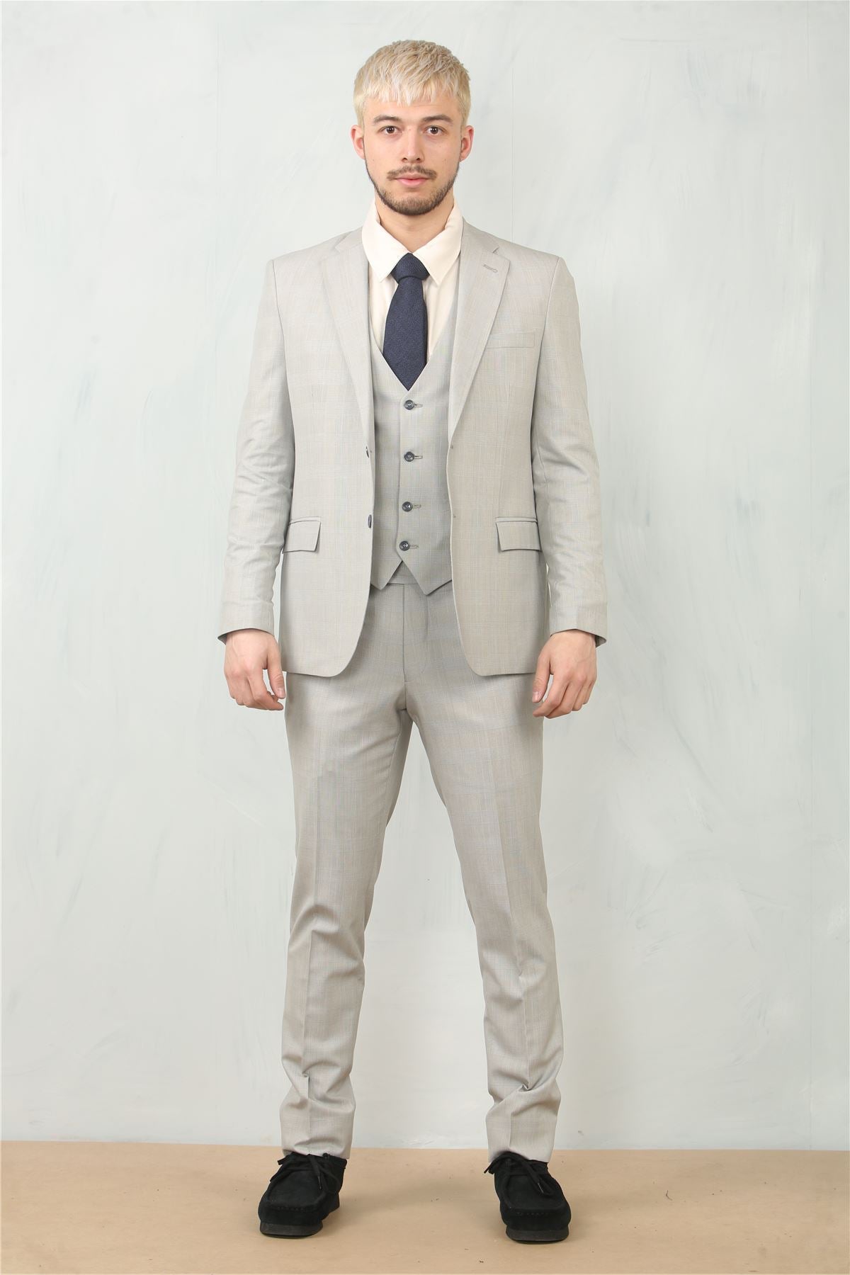 Men's 3 Piece Prince Of Wales Grey Suit Workwear