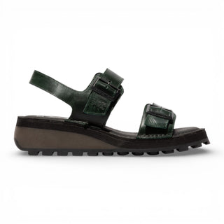Fly London Women's HEIF558FLY Petrol Green Leather Wedge Buckle Sandals