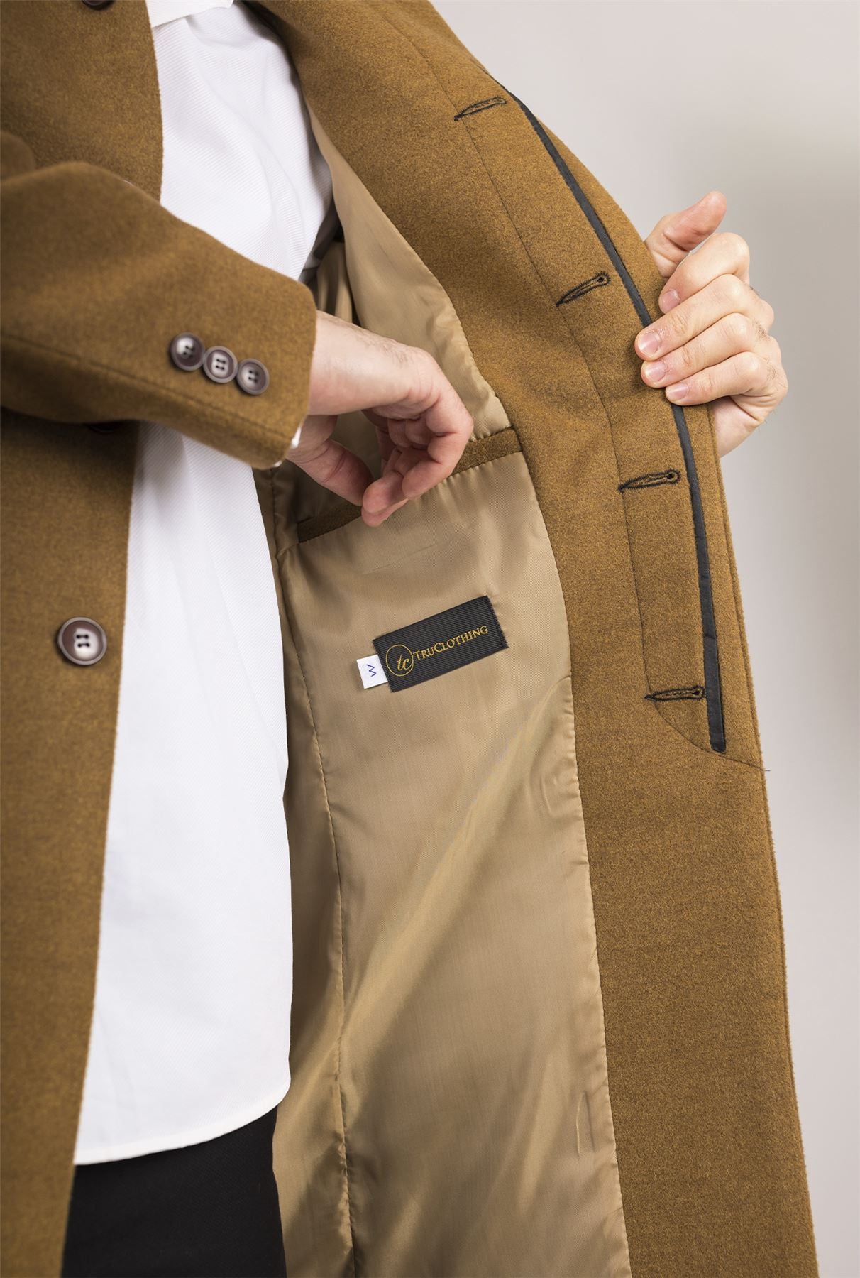 Men's Tan Stand Collar Wool Blend Overcoat