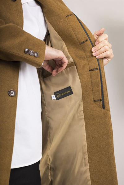 Men's Tan Stand Collar Wool Blend Overcoat