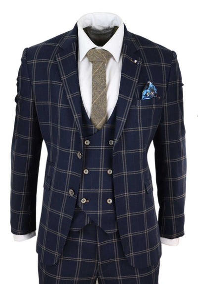 Mens 3 Piece Navy Blue And Tan Check Tweed Retro Classic Suit