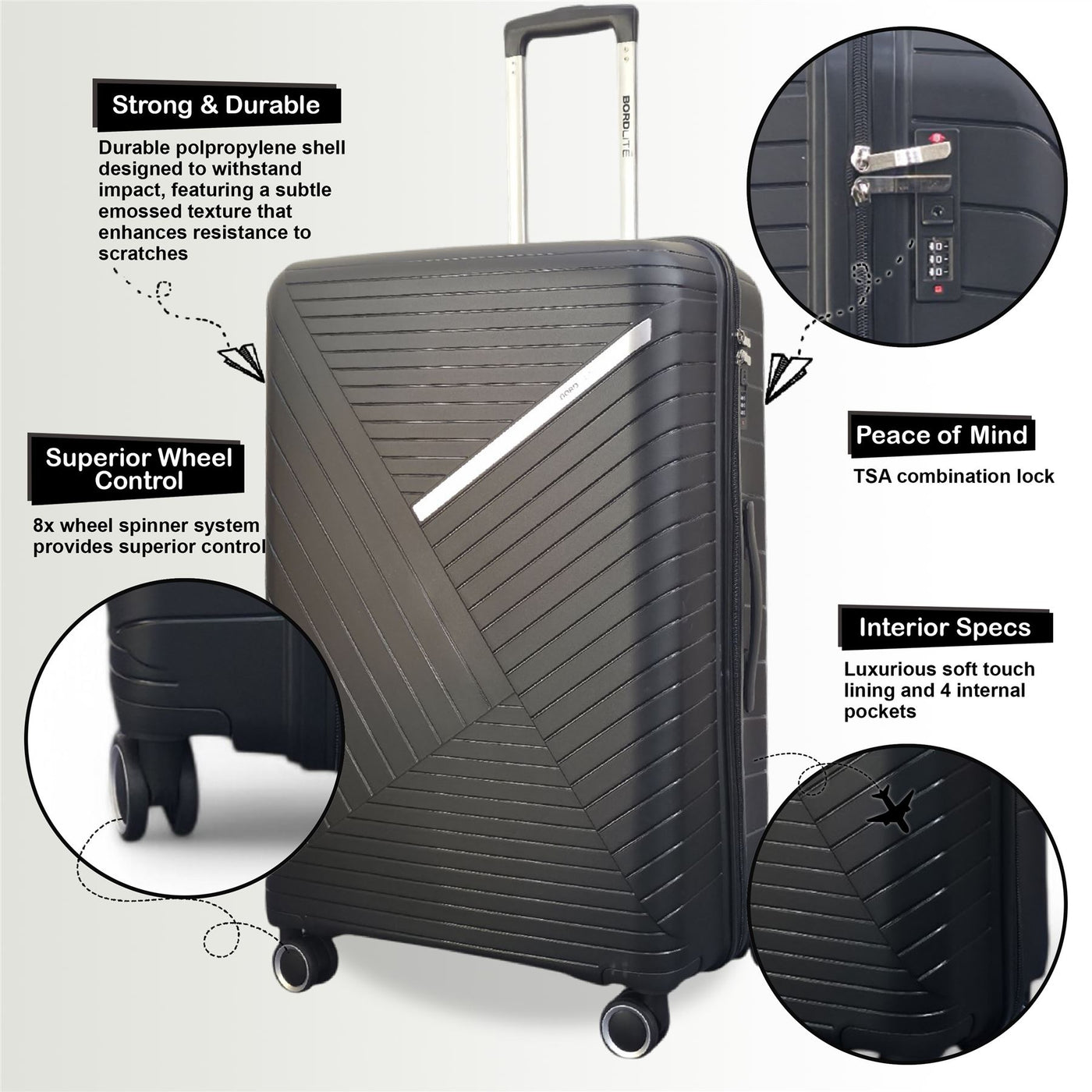 Robust PP Hard Shell Black 8 Wheels Luggage Travel Holiday Cabin Suitcase Set