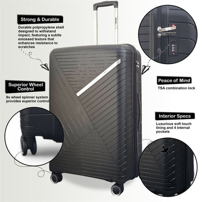 Robust PP Hard Shell Black 8 Wheels Luggage Travel Holiday Cabin Suitcase Set