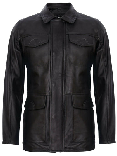 Mens Black Leather Safari Jacket-Porto