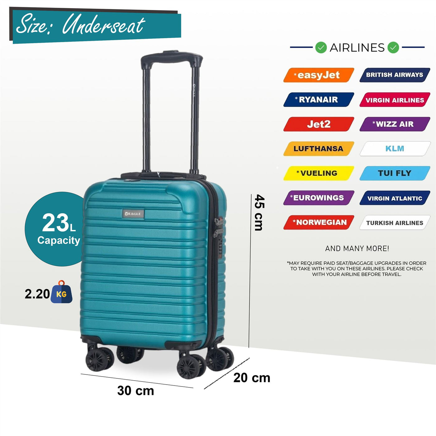 ABS Hardshell Underseat Cabin Suitcase 45 x 30 x 20 cm Luggage Suitable for Wizz Air