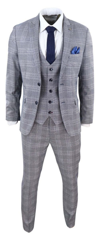 Mens 3 Piece Grey Birdseye Check Classic Suit