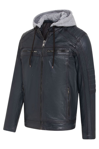Men's Hooded Biker Lamb Leather Jacket - Burten