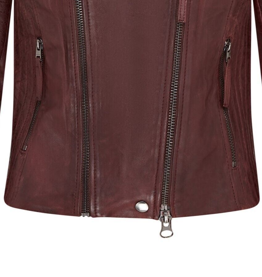 Womens Burgundy Biker Leather Jacket - Delhi