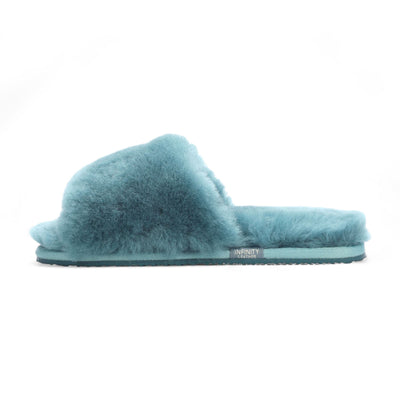 Women's Sheepskin Slippers Teal Warm Winter Fur Sliders - Nordic