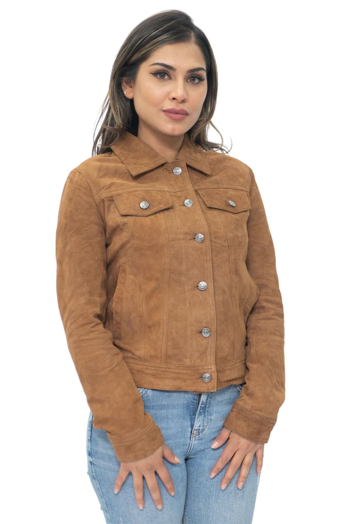 Womens Goat Suede Trucker Jeans Jacket-Astoria